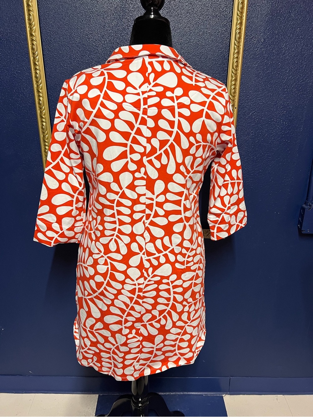 Women's Orange & White Printed Collared Tunic Dress - Picture 2 of 3